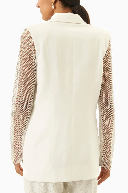 White Blazer With Crystal Mesh Lace