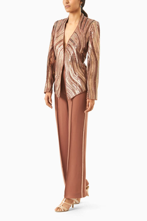 Mud Brown Korean Silk Blazer and Pants Set