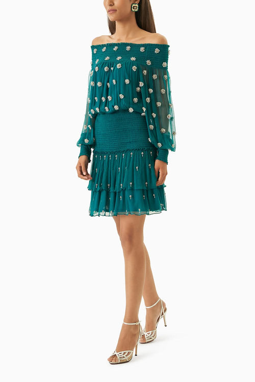 Green Ruched Sleeves Dress With Swarovski Crystals