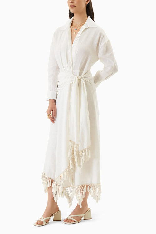 White Egg Shell Overlap Tassel Dress