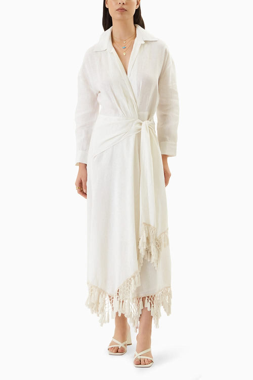 White Egg Shell Overlap Tassel Dress