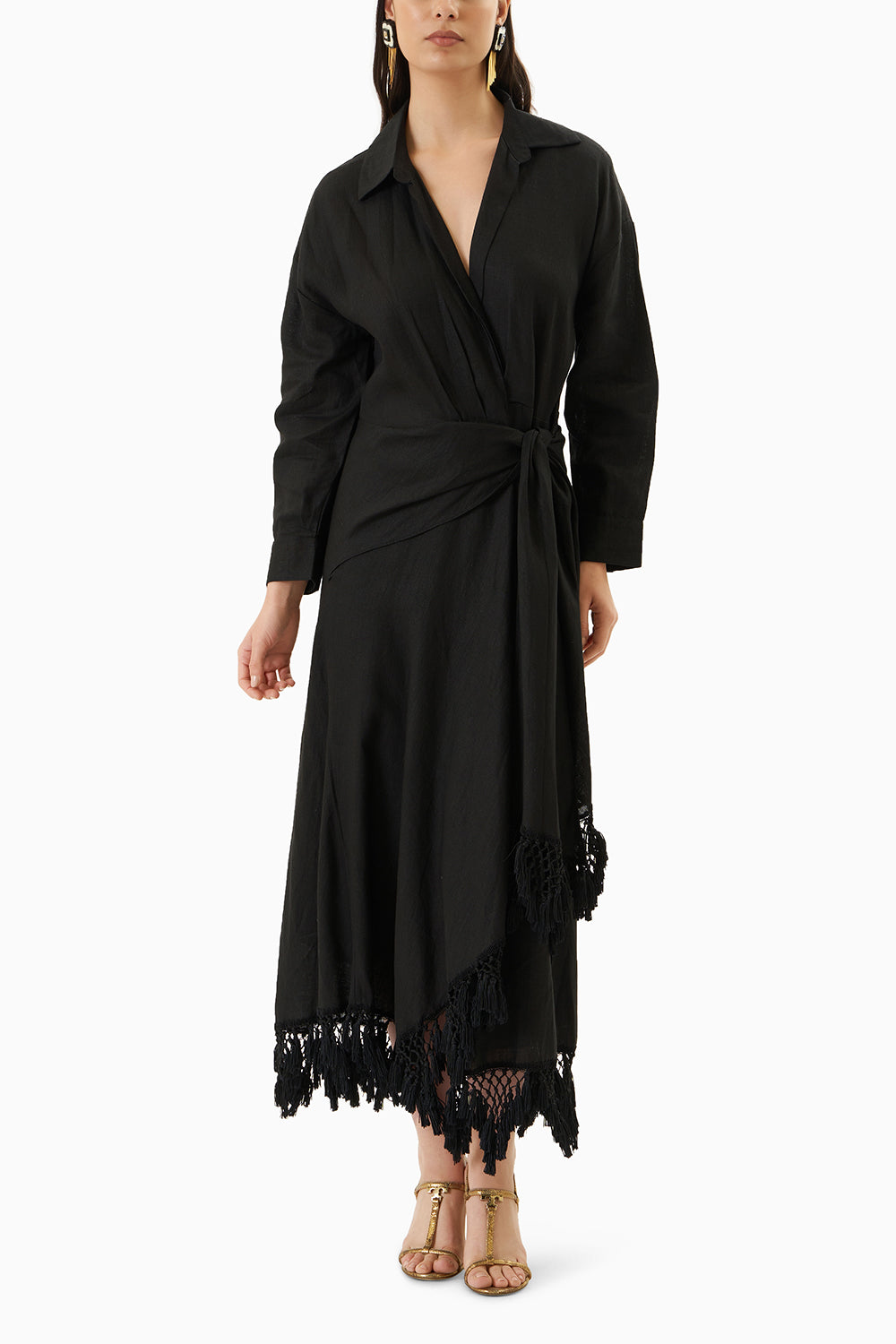Black Sable Overlap Tassel Dress