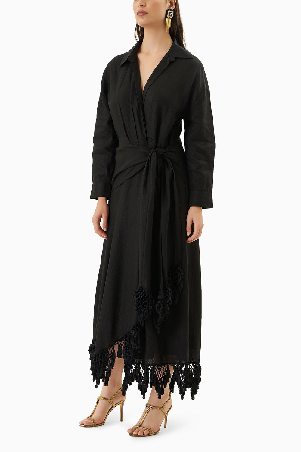 Black Sable Overlap Tassel Dress