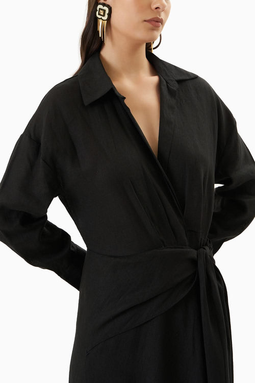 Black Sable Overlap Tassel Dress