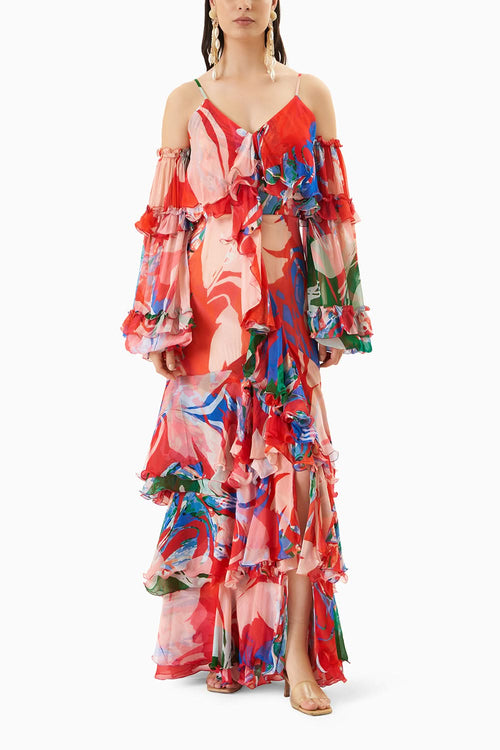 Printed Chiffon Layered Long Dress