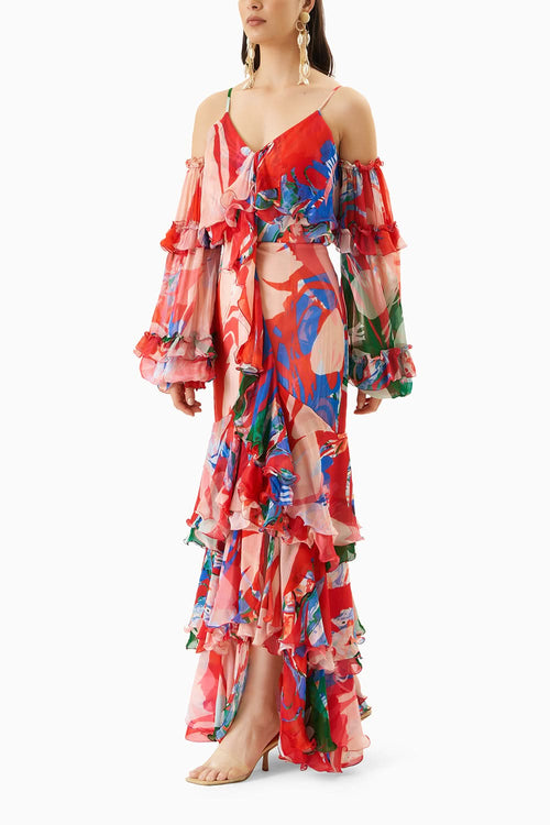 Printed Chiffon Layered Long Dress