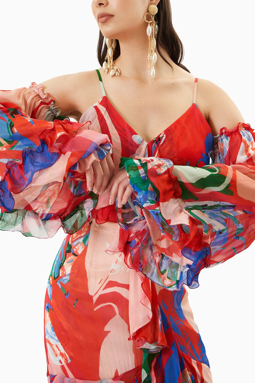 Printed Chiffon Layered Long Dress