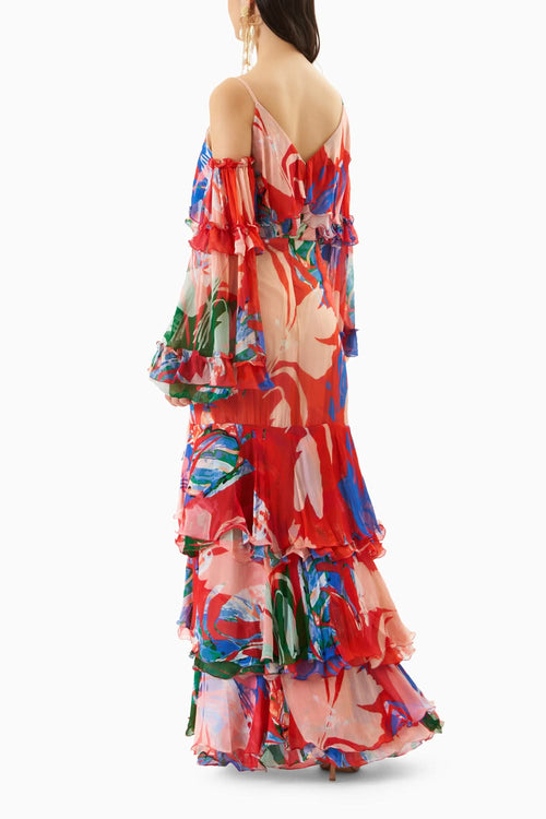 Printed Chiffon Layered Long Dress
