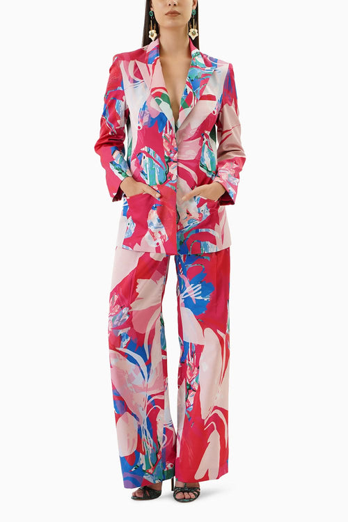 Printed Satin Jacket And Pant Set