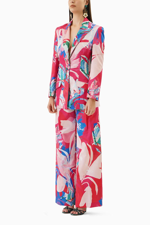 Printed Satin Jacket And Pant Set