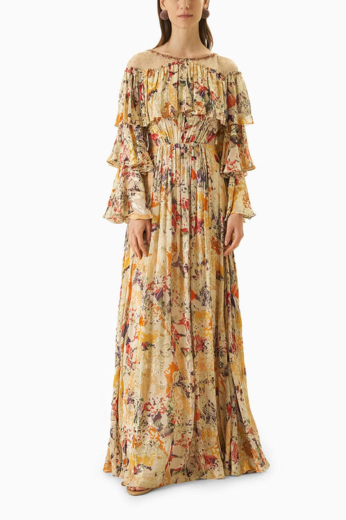 Multi Yellow Printed Organza Dress