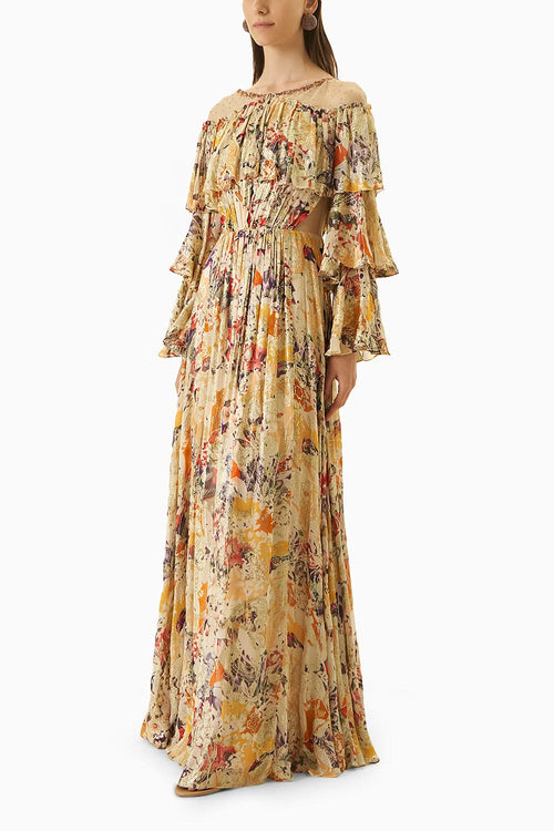 Multi Yellow Printed Organza Dress