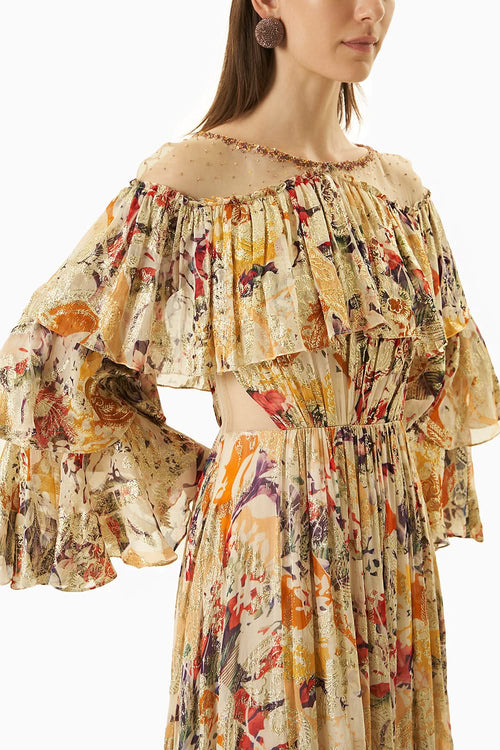 Multi Yellow Printed Organza Dress