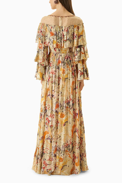 Multi Yellow Printed Organza Dress