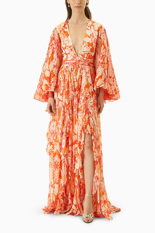 Multi Orange Printed Chiffon Dress