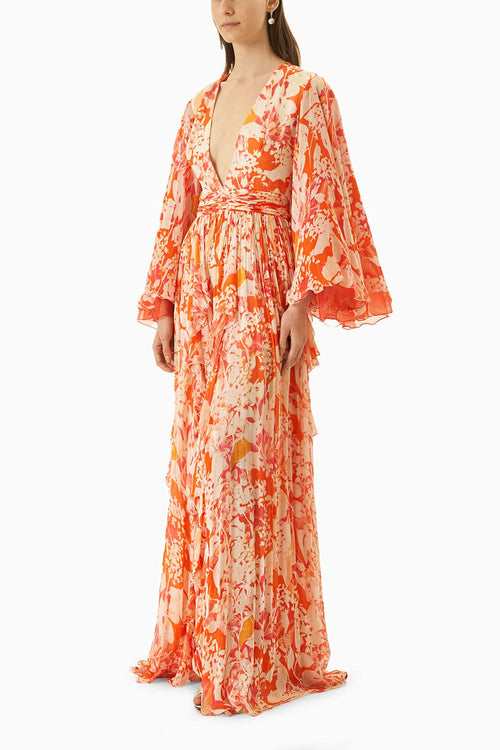 Multi Orange Printed Chiffon Dress