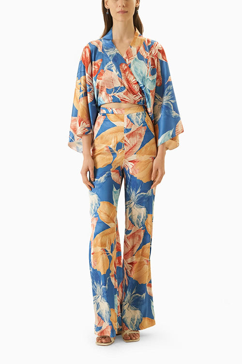 Multi Blue Wrap Top & Bell Bottom Pants