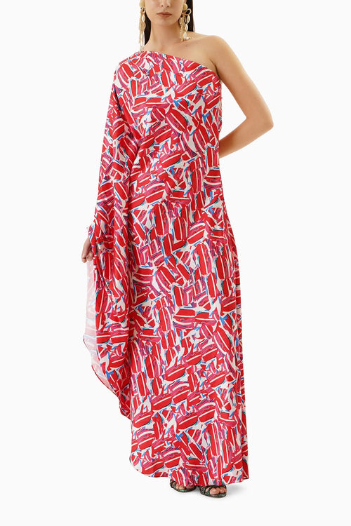 Multicoloured One Shoulder Drape Kaftan Dress