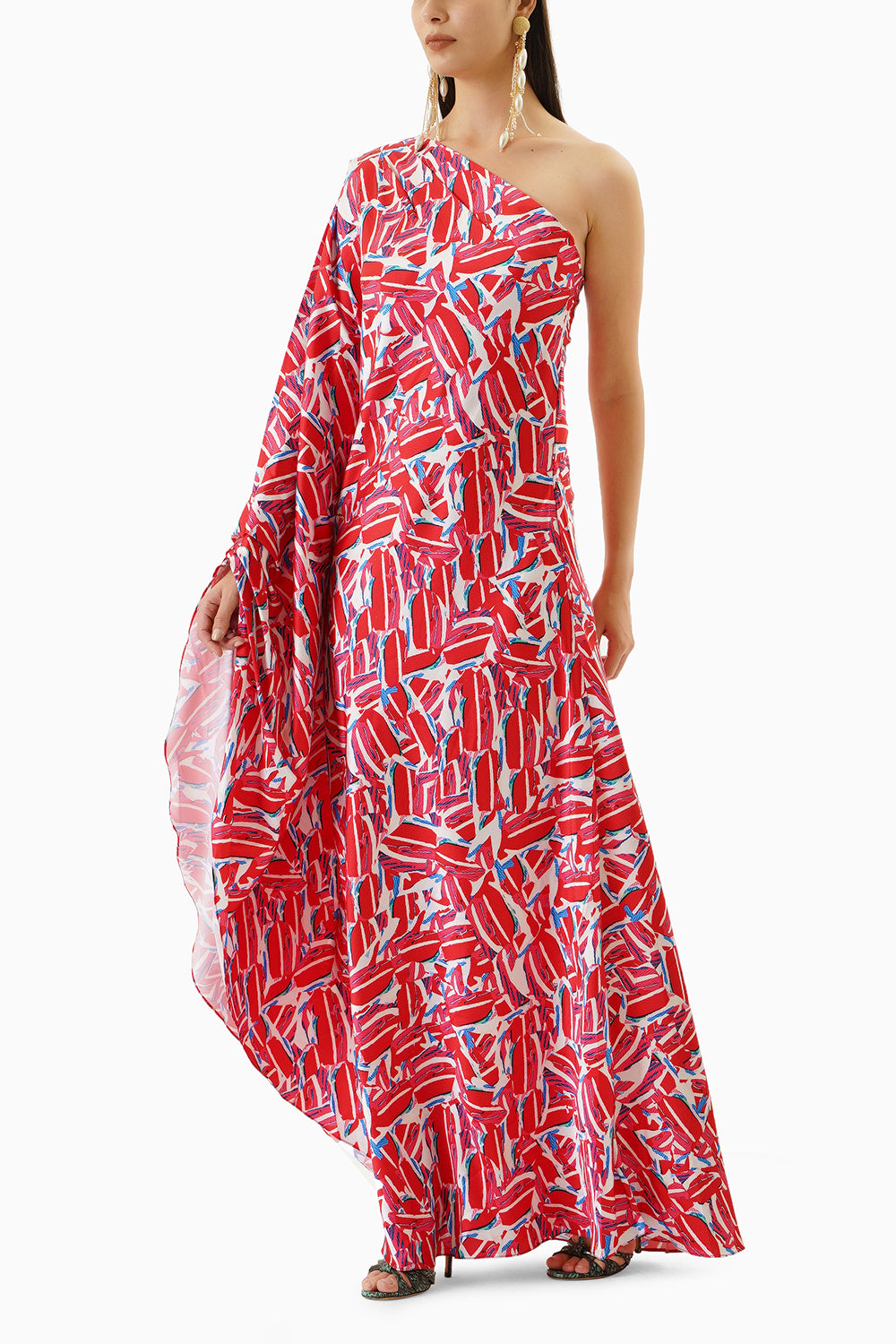 Multicoloured One Shoulder Drape Kaftan Dress