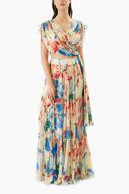 Multicoloured Tier Skirt Paired with Assymetrical Draped Crop Top