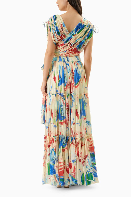 Multicoloured Tier Skirt Paired with Assymetrical Draped Crop Top