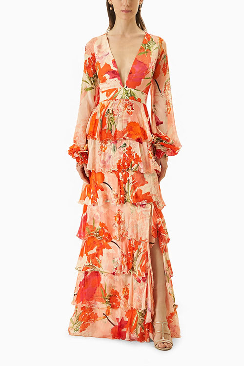 Coral Multi Chiffon Dress With Side Slit