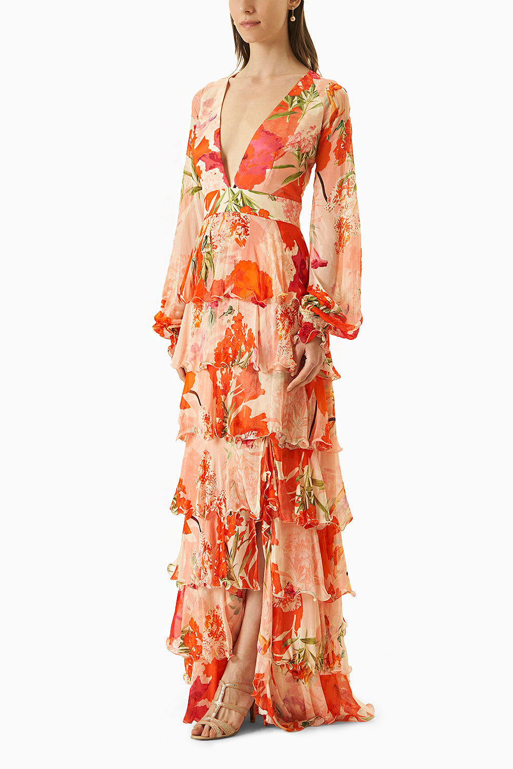 Coral Multi Chiffon Dress With Side Slit