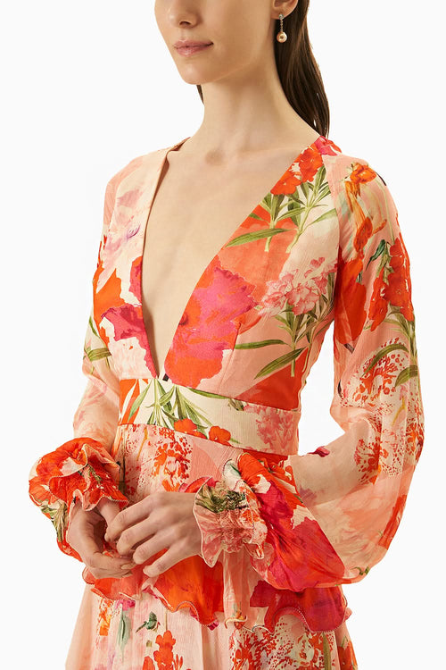Coral Multi Chiffon Dress With Side Slit