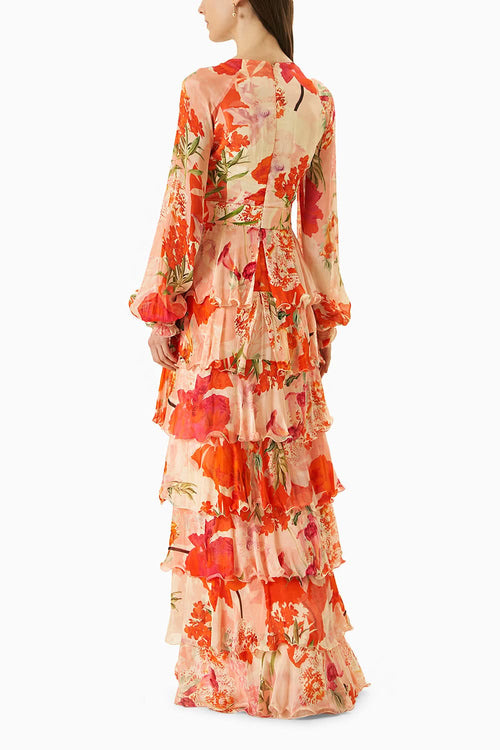 Coral Multi Chiffon Dress With Side Slit