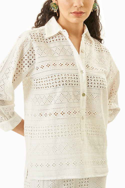 White Off Shoulder Eyelet Co-ord Set