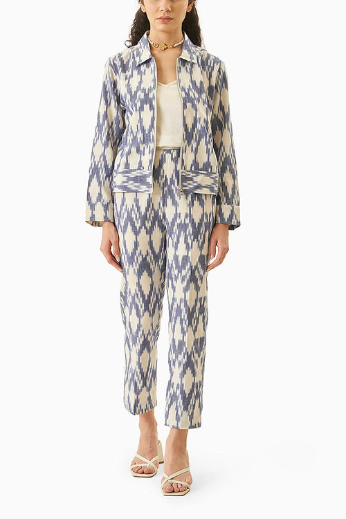 Light Blue and White Ikat Bomber Co-ord Set