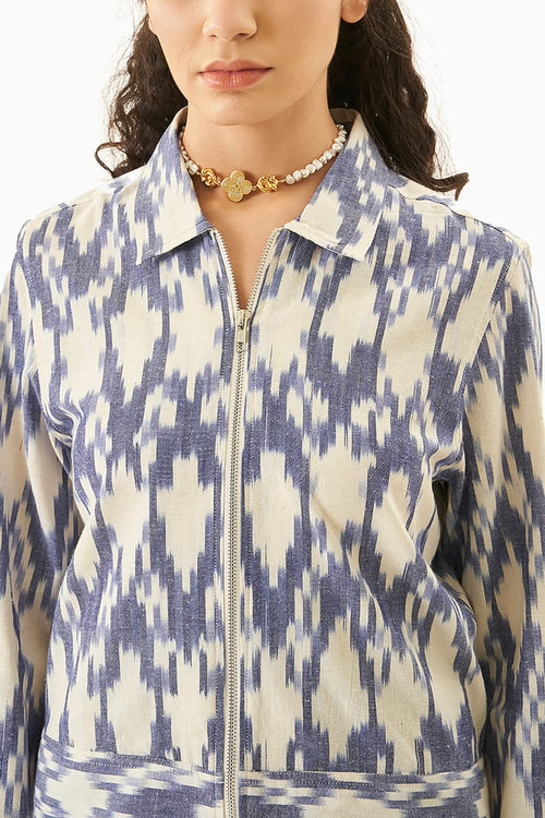 Light Blue and White Ikat Bomber Co-ord Set