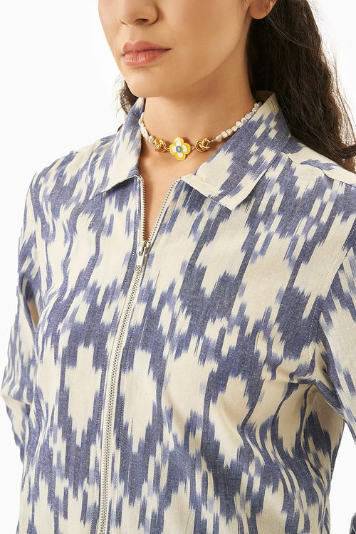 Light Blue and White Ikat Bomber Co-ord Set