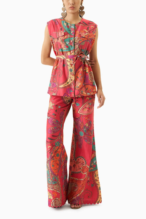 Multicoloured Sleeveless Shirt With Flared Pants