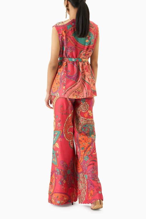 Multicoloured Sleeveless Shirt With Flared Pants