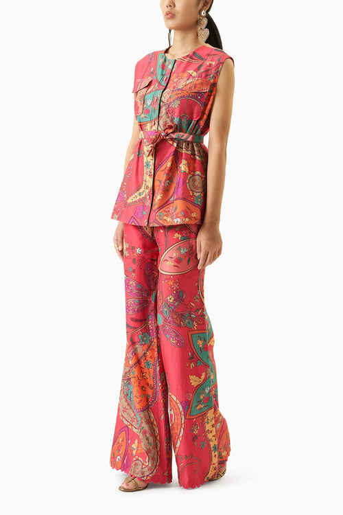 Multicoloured Sleeveless Shirt With Flared Pants