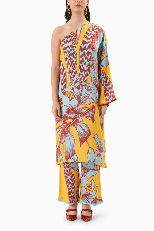 Yellow Tropical One Shoulder Kurta With Trousers