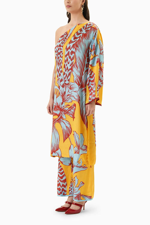 Yellow Tropical One Shoulder Kurta With Trousers