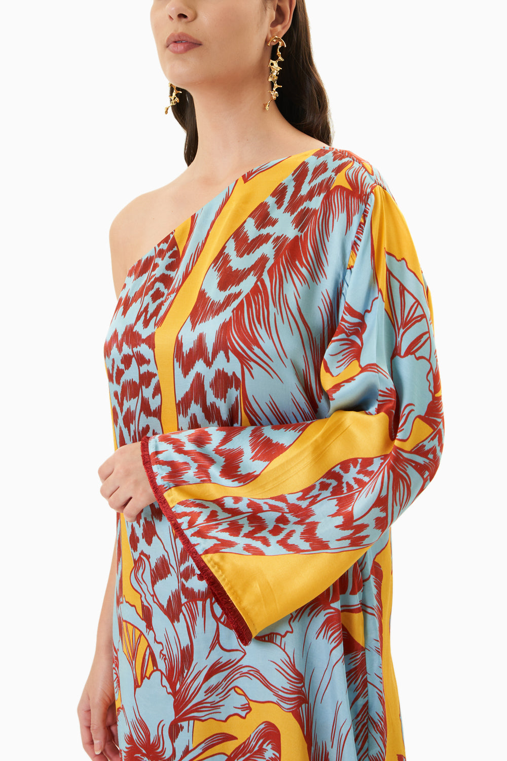 Yellow Tropical One Shoulder Kurta With Trousers