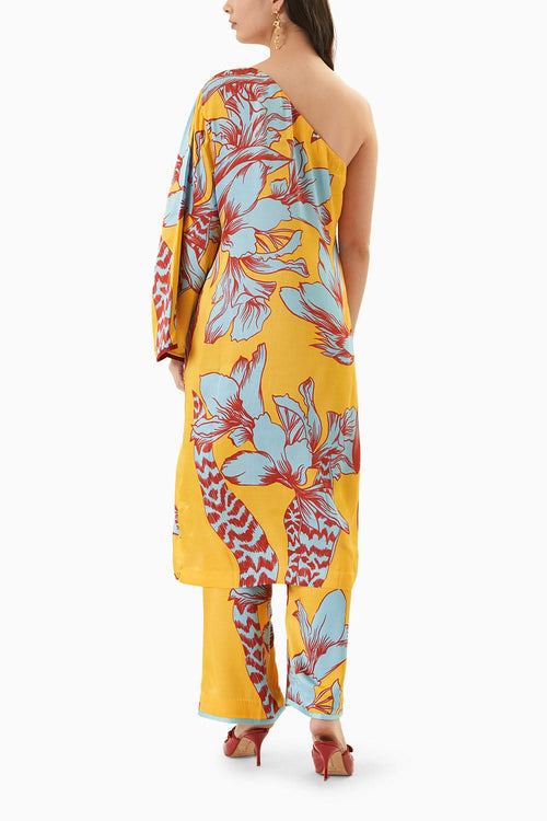 Yellow Tropical One Shoulder Kurta With Trousers