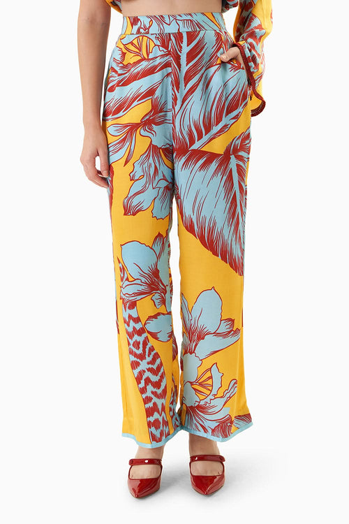 Yellow Tropical One Shoulder Kurta With Trousers