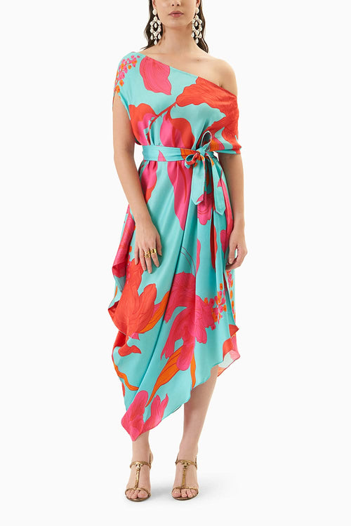 Blue Floral Printed Draped Dress
