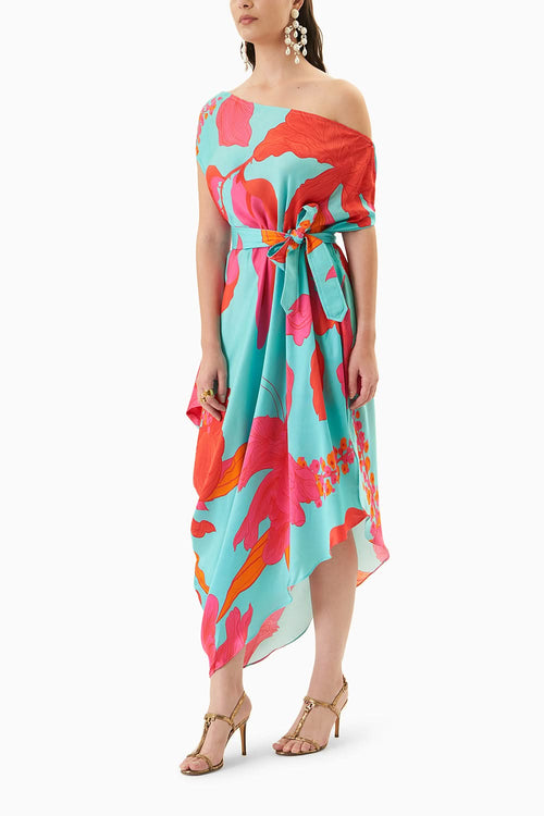 Blue Floral Printed Draped Dress