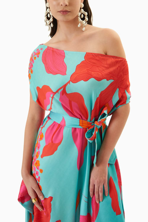 Blue Floral Printed Draped Dress