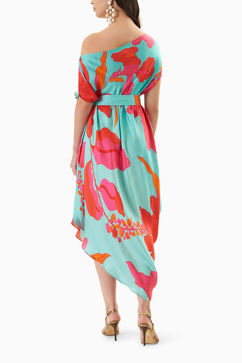 Blue Floral Printed Draped Dress