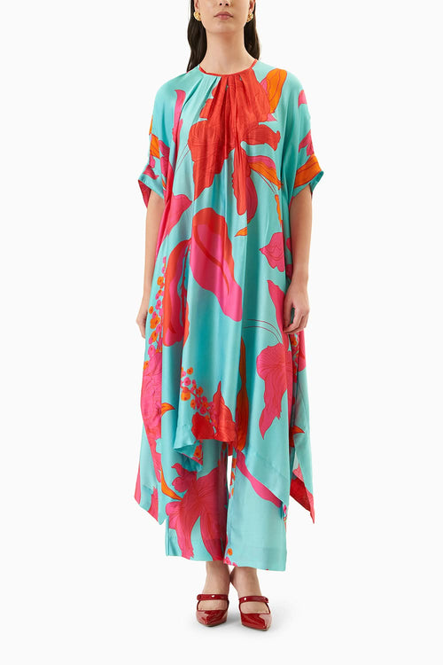 Blue Floral Printed Kaftaan & Trousers