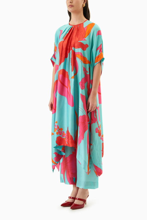 Blue Floral Printed Kaftaan & Trousers