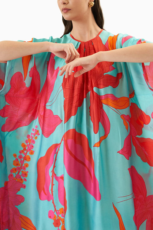 Blue Floral Printed Kaftaan & Trousers
