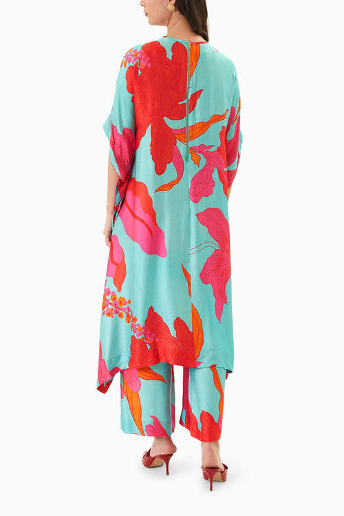 Blue Floral Printed Kaftaan & Trousers