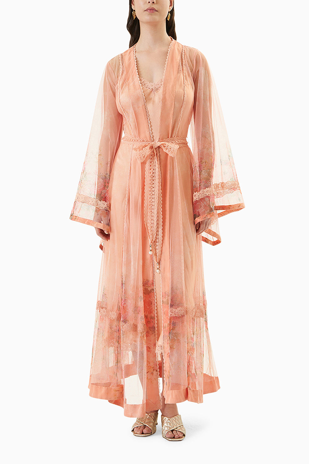Coral Printed Robe With A Silk Slip
